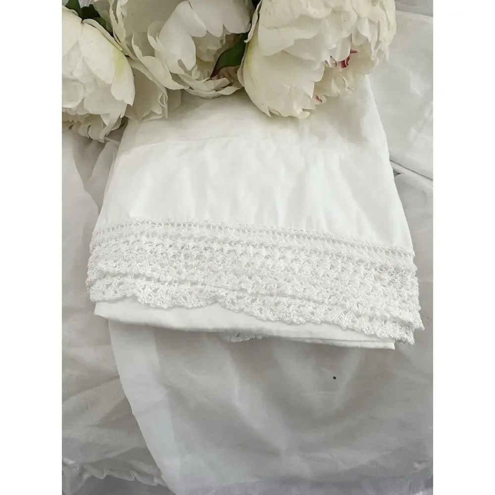 2 VTG 70’s QUEEN Pillowcases 100% Cotton CROCHETED LACE White SHABBY CHIC USA